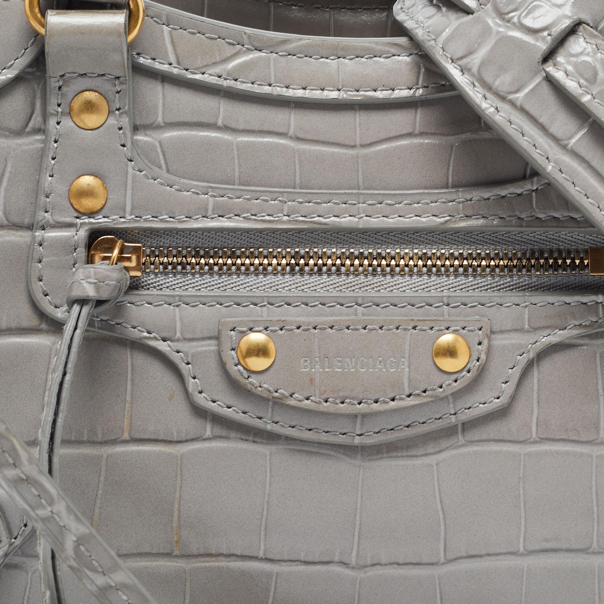 Balenciaga Grey Croc Embossed Leather Mini Neo Classic Bag 11