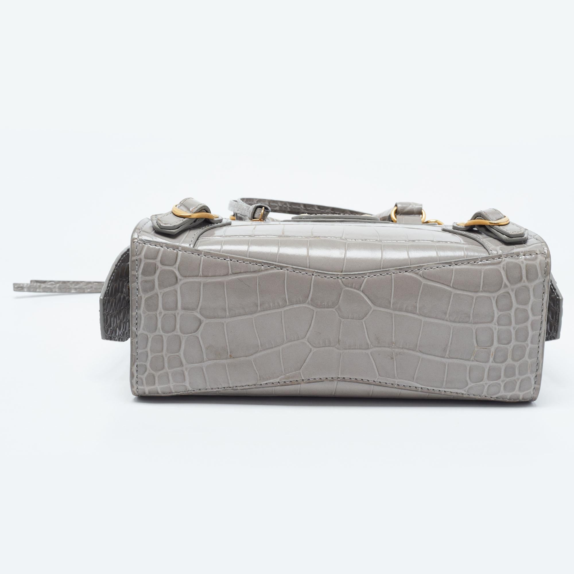 Women's Balenciaga Grey Croc Embossed Leather Mini Neo Classic Bag