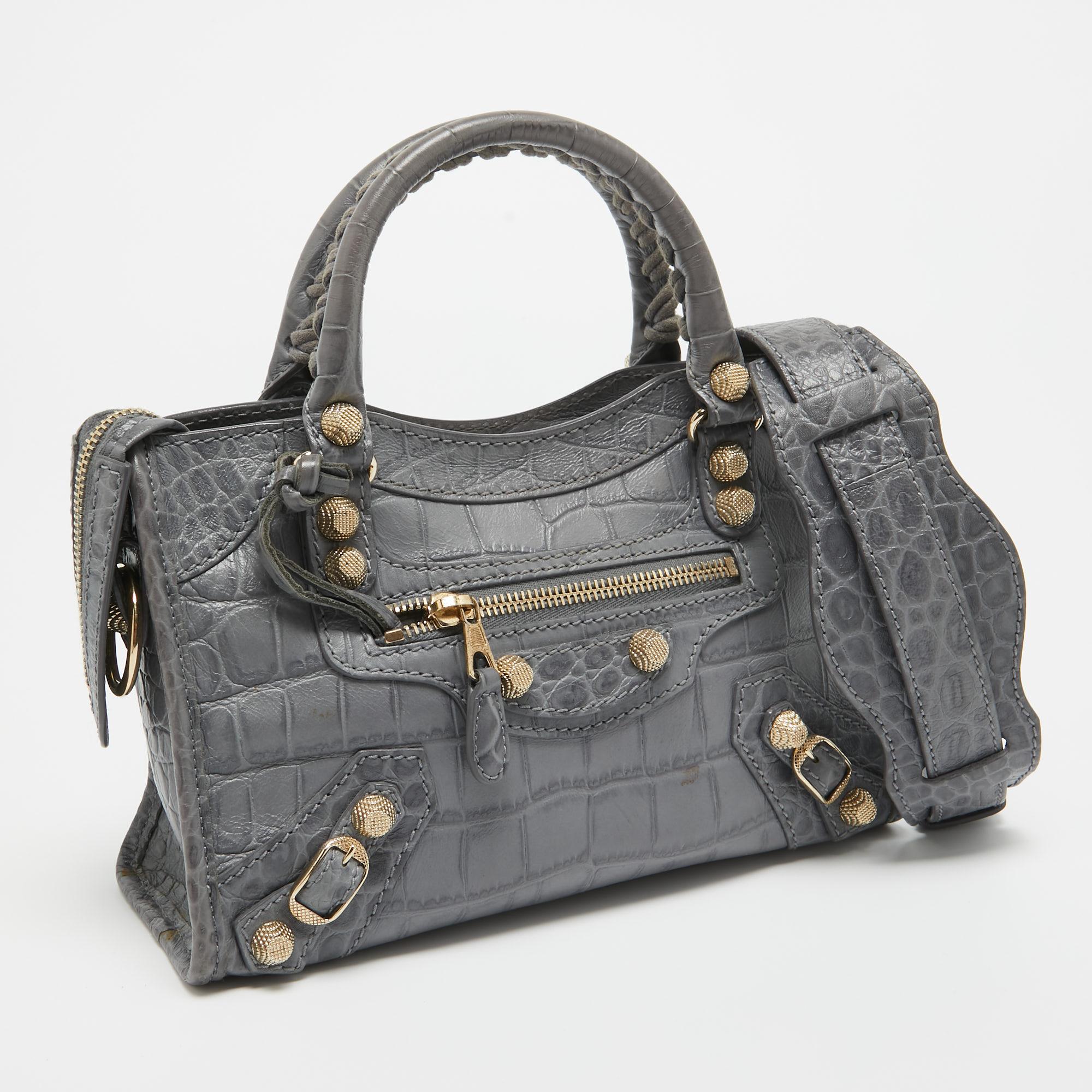 Balenciaga Grey Croc Embossed Leather Mini RH City Bag For Sale 8