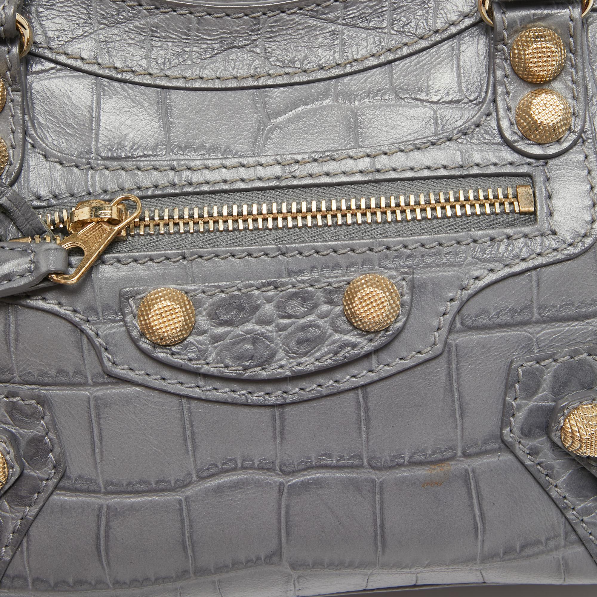 Women's Balenciaga Grey Croc Embossed Leather Mini RH City Bag