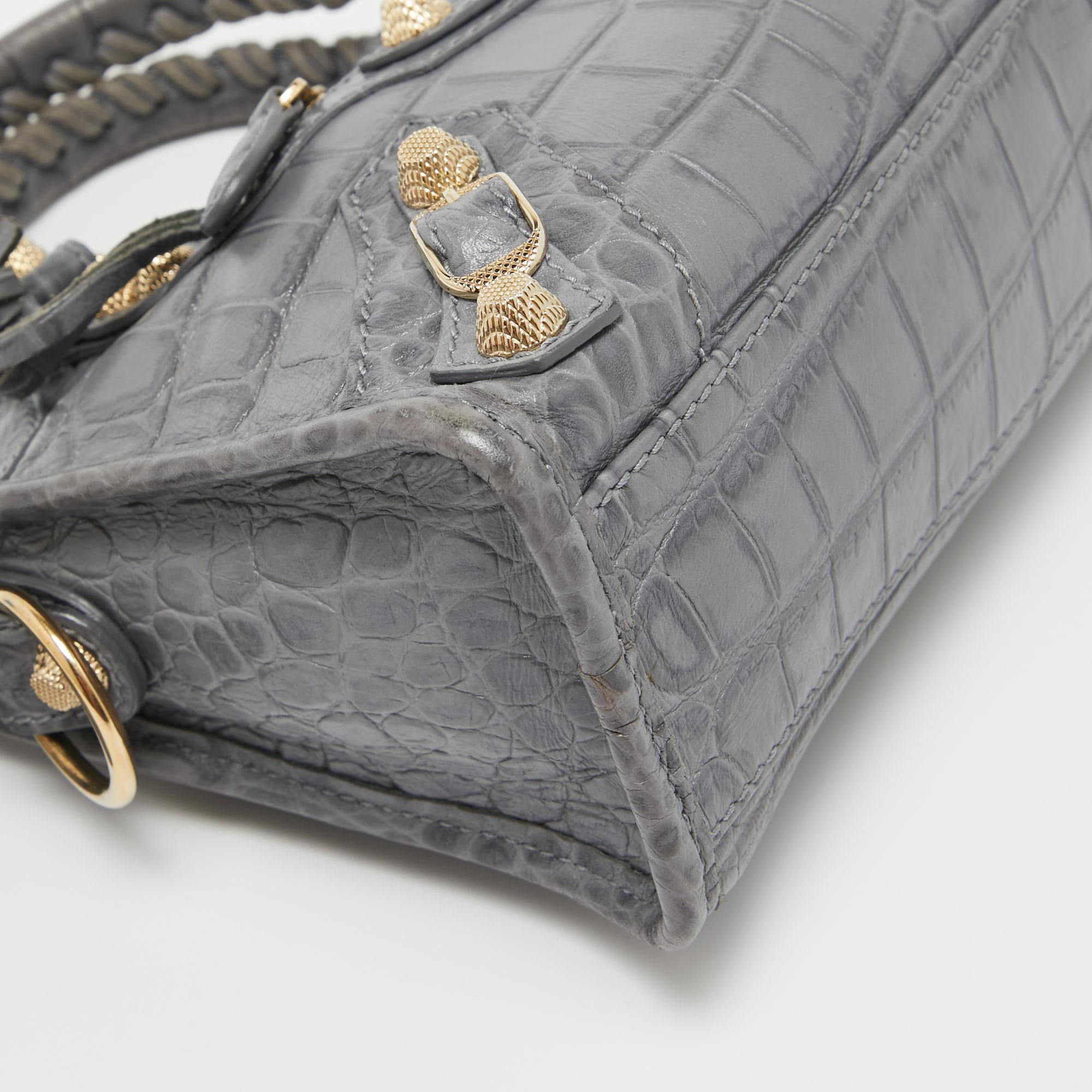 Balenciaga Grey Croc Embossed Leather Mini RH City Bag For Sale 1