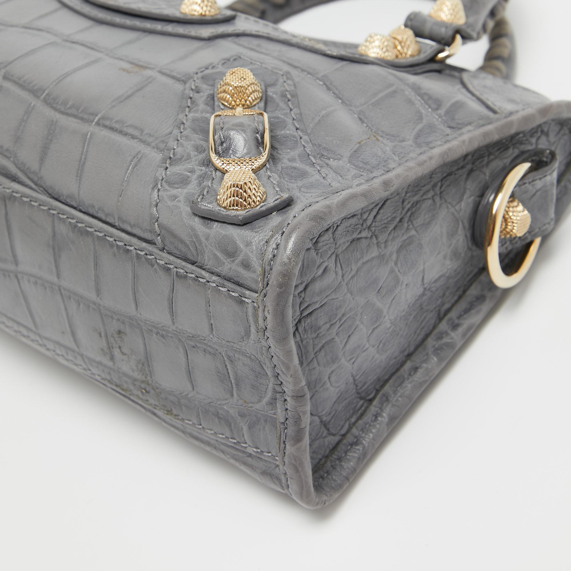 Mini sac de ville Balenciaga en cuir gaufré croco gris RH en vente 2