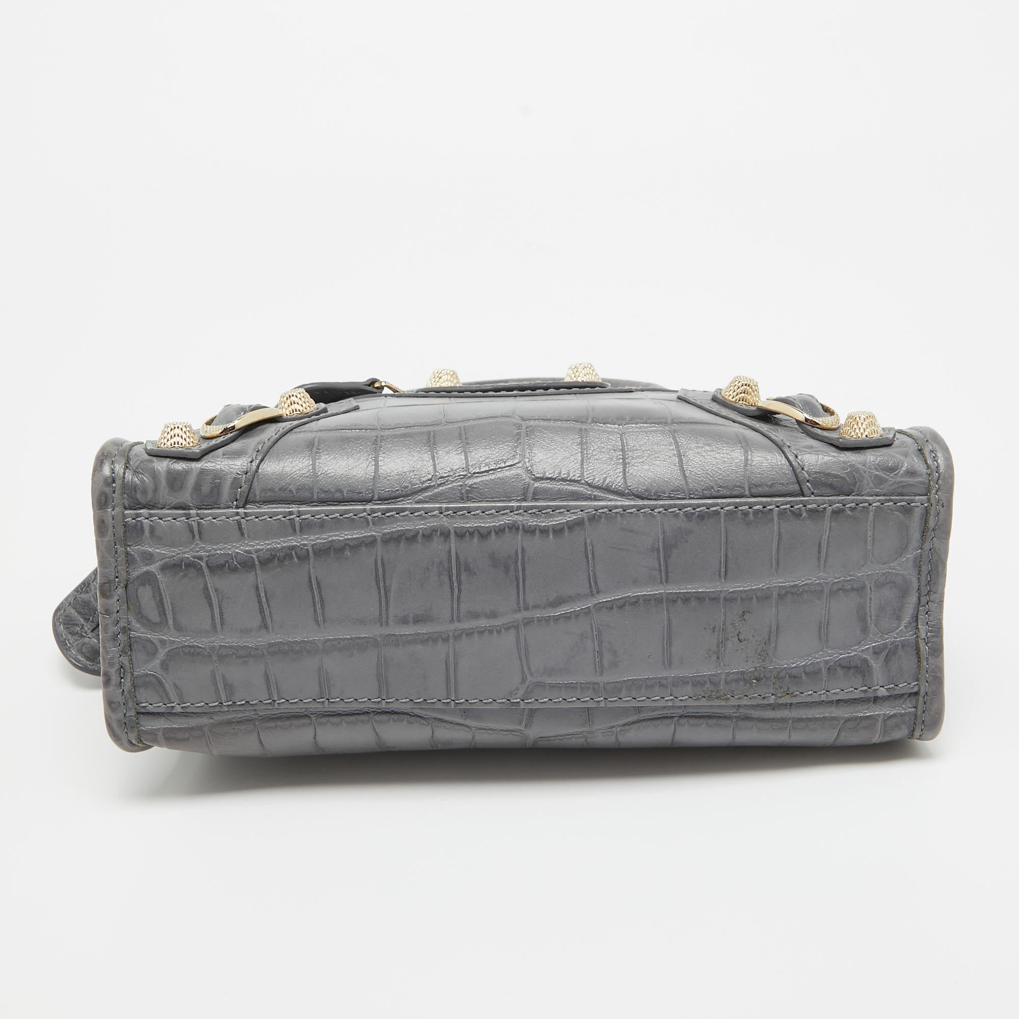 Balenciaga Mini RH Stadttasche aus grauem Leder mit Krokodillederprägung im Angebot 3