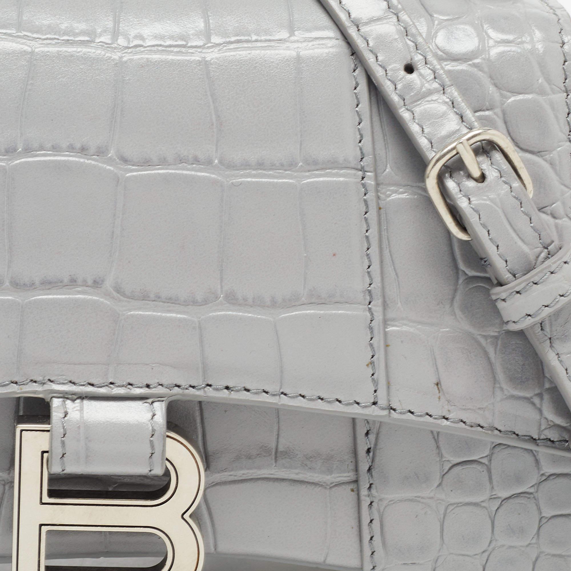 Balenciaga Grey Croc Embossed Leather XS Hourglass Top Handle Bag 6