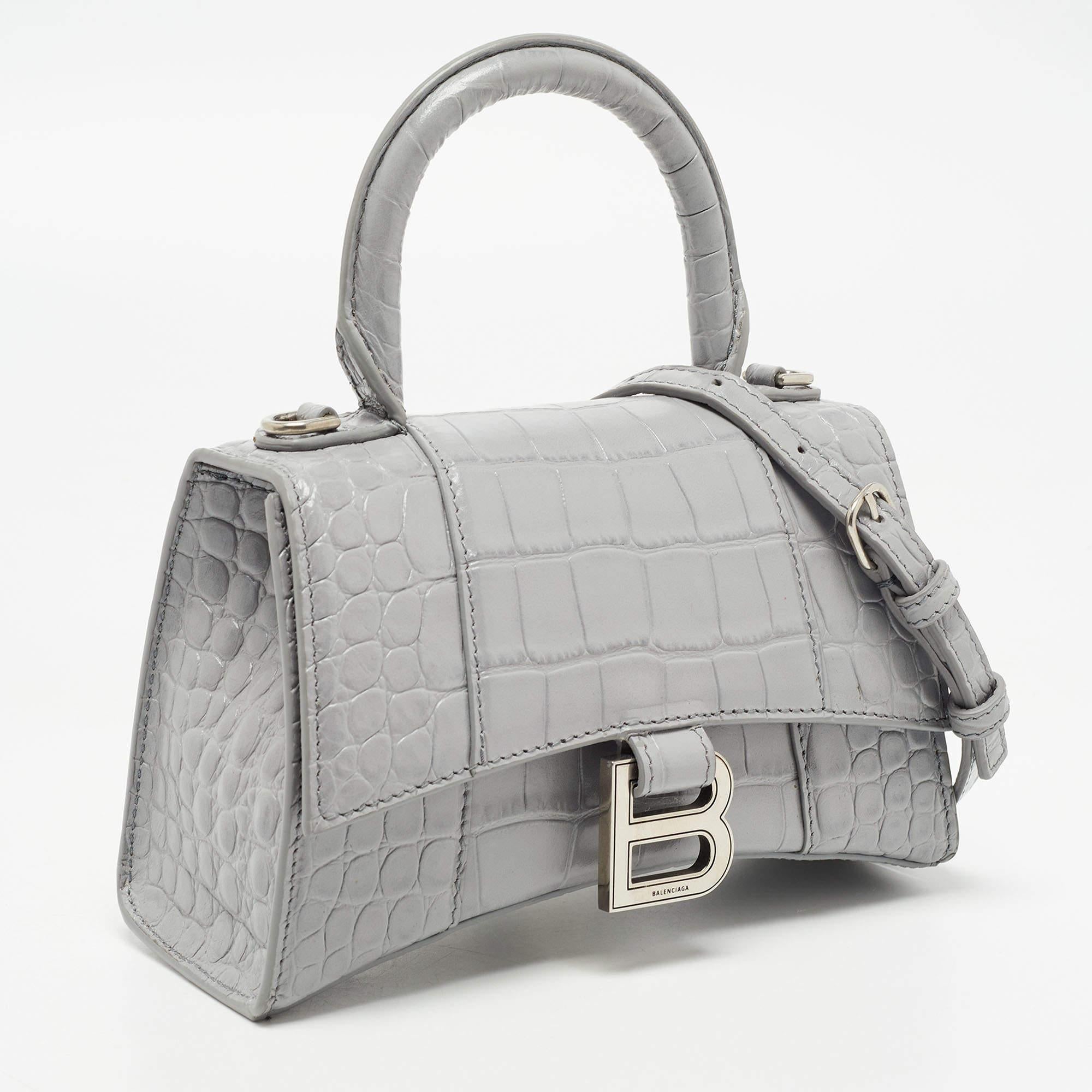 Balenciaga Grey Croc Embossed Leather XS Hourglass Top Handle Bag In Excellent Condition In Dubai, Al Qouz 2