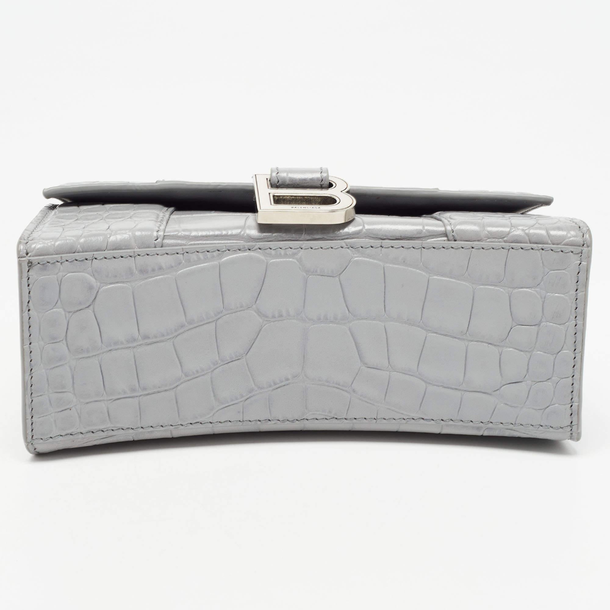 Balenciaga Grey Croc Embossed Leather XS Hourglass Top Handle Bag 1