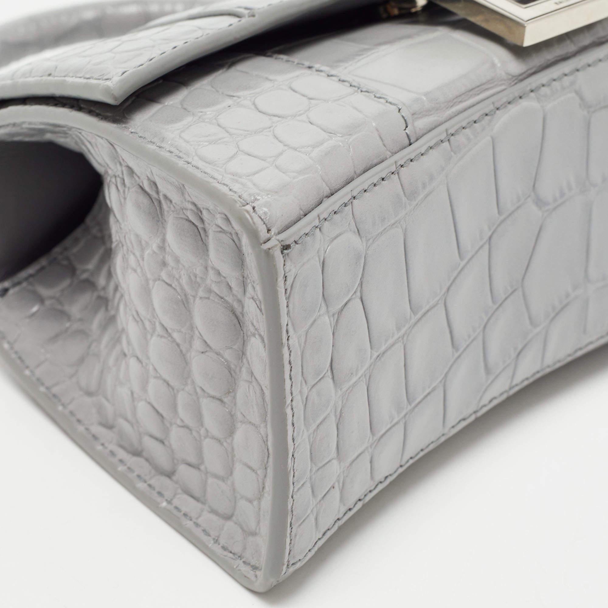 Balenciaga Grey Croc Embossed Leather XS Hourglass Top Handle Bag 2