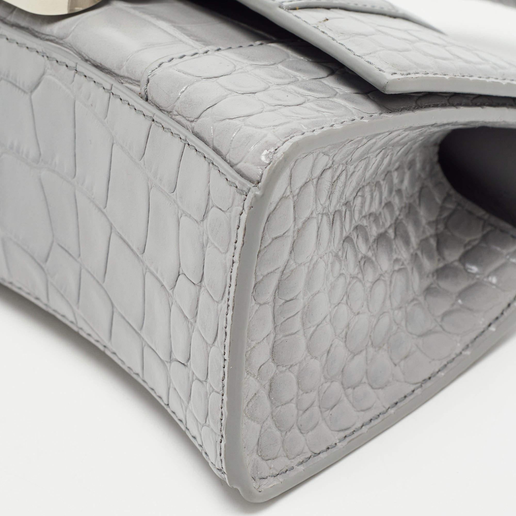 Balenciaga Grey Croc Embossed Leather XS Hourglass Top Handle Bag 3