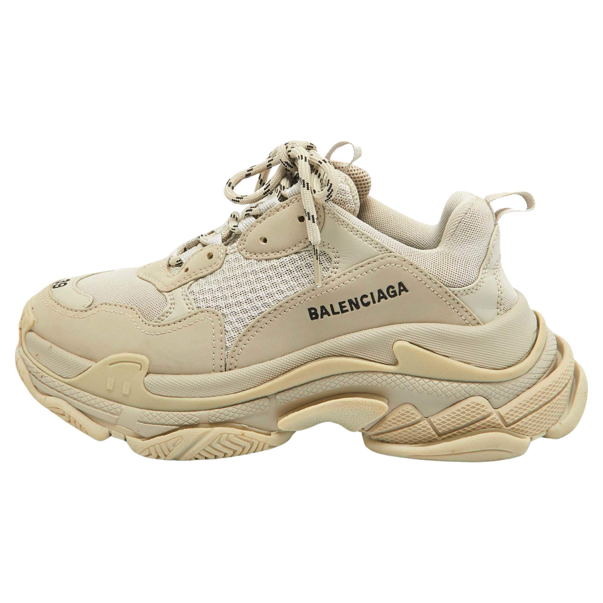 Balenciaga Grey Faux Leather and Mesh Triple S Sneakers Size 39 For Sale