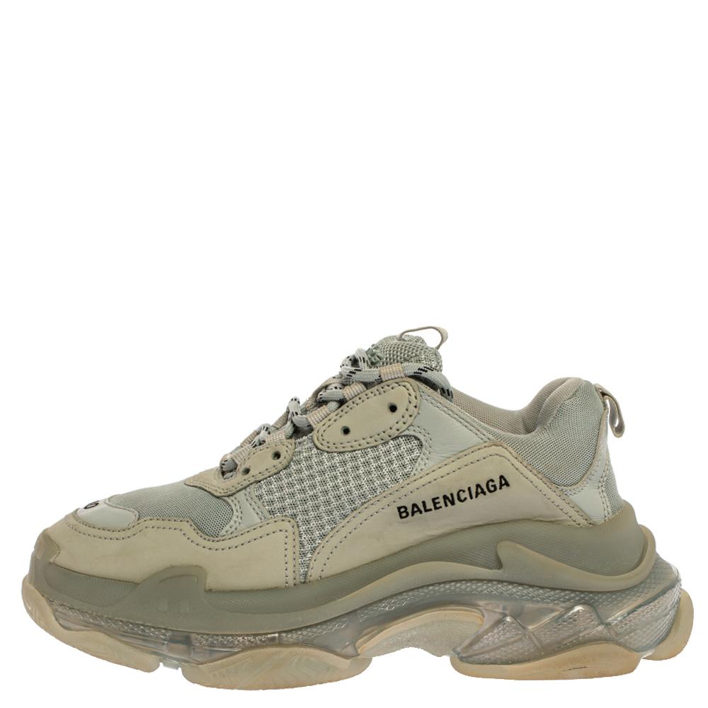 Men's Balenciaga Grey/Green Leather And Mesh Triple S Trainer Sneakers Size 40