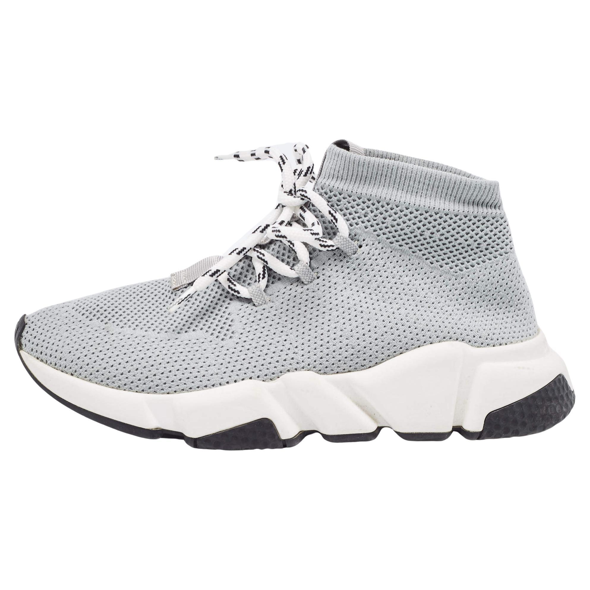 Balenciaga Grey Knit Speed Trainer High Top Sneakers Size 36 en vente