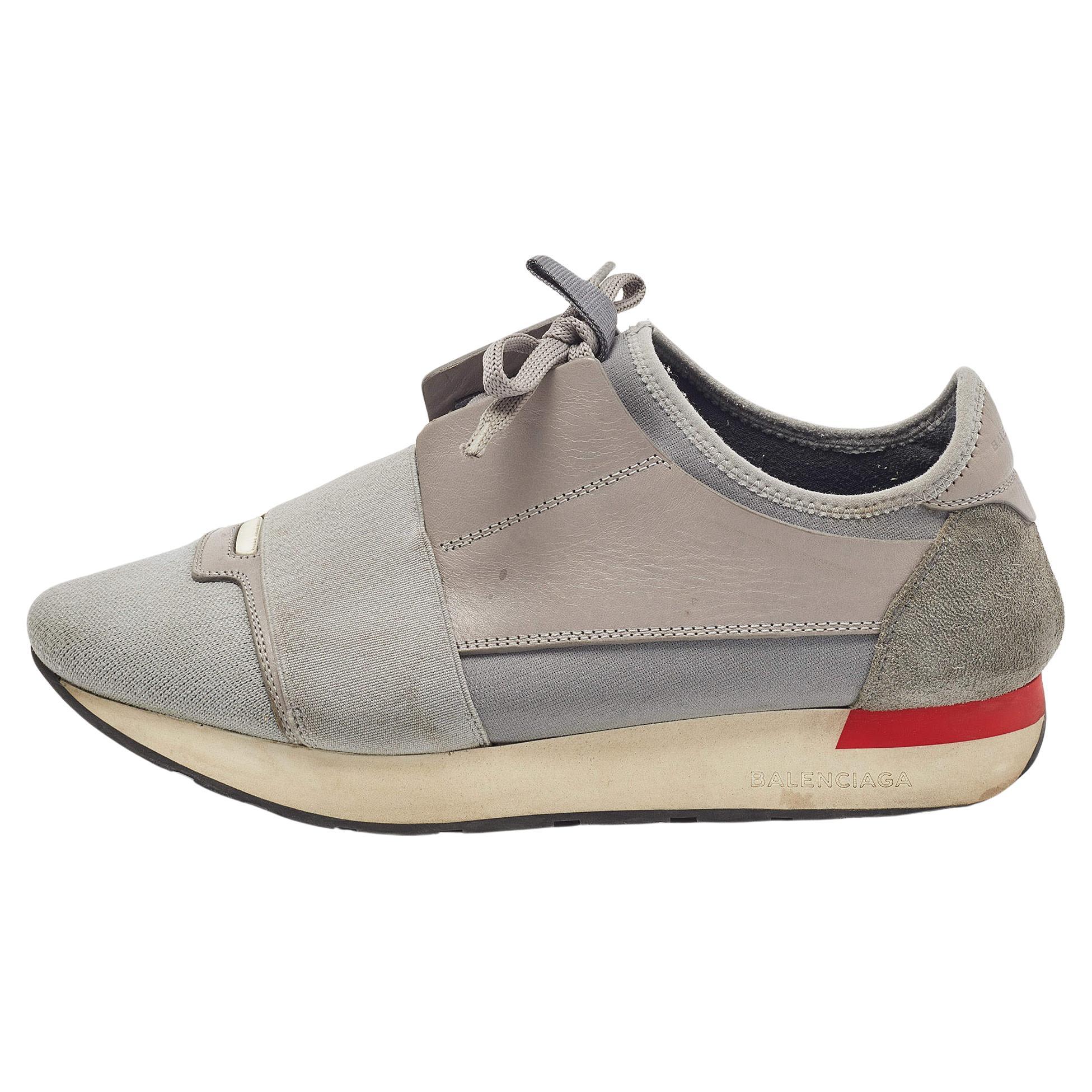 Balenciaga Grey Leather and Knit Fabric Race Runner Sneakers Size 39 For Sale
