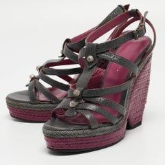 Balenciaga Grey Leather Ankle Strap Wedge Sandals Size 38
