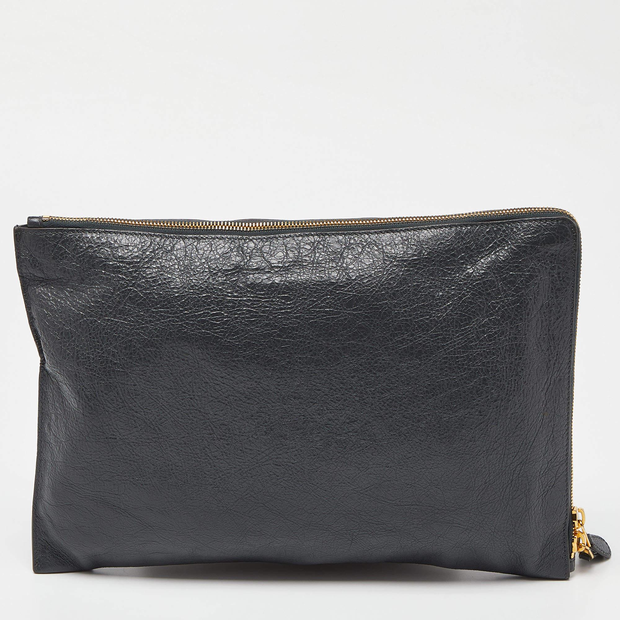 Women's Balenciaga Grey Leather Classic Hardware Zip Pouch