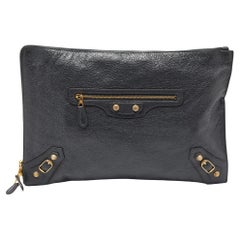 Balenciaga Grey Leather Classic Hardware Zip Pouch