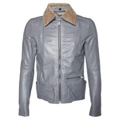 Balenciaga Grey Leather & Fur Collar Zip Front Jacket M