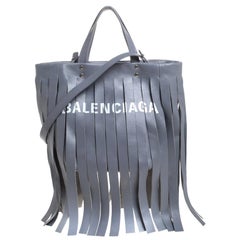 Balenciaga Grey Leather Laundry Cabas Fringe XS Tote
