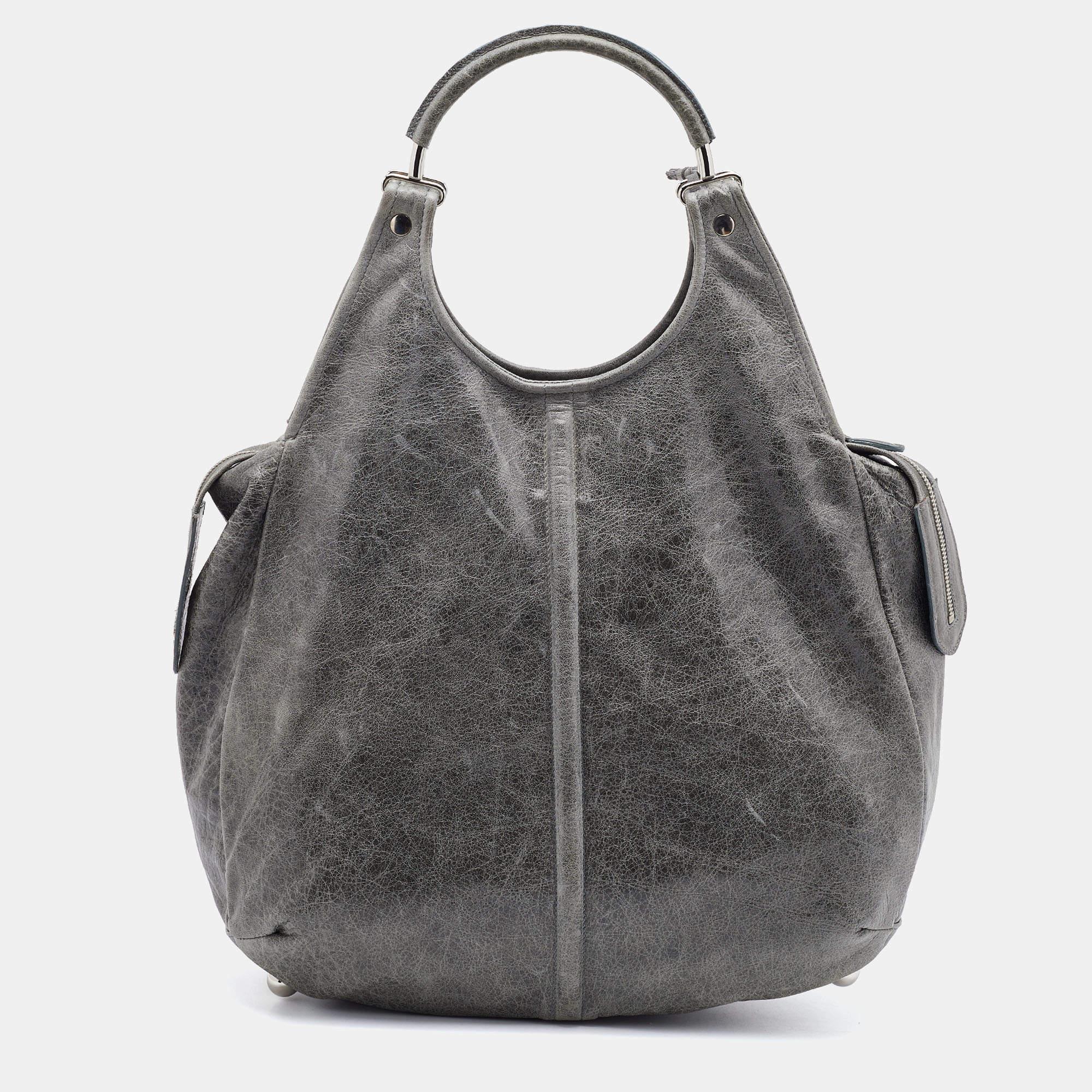 Balenciaga Grey Leather Pompon Shoulder Bag 2