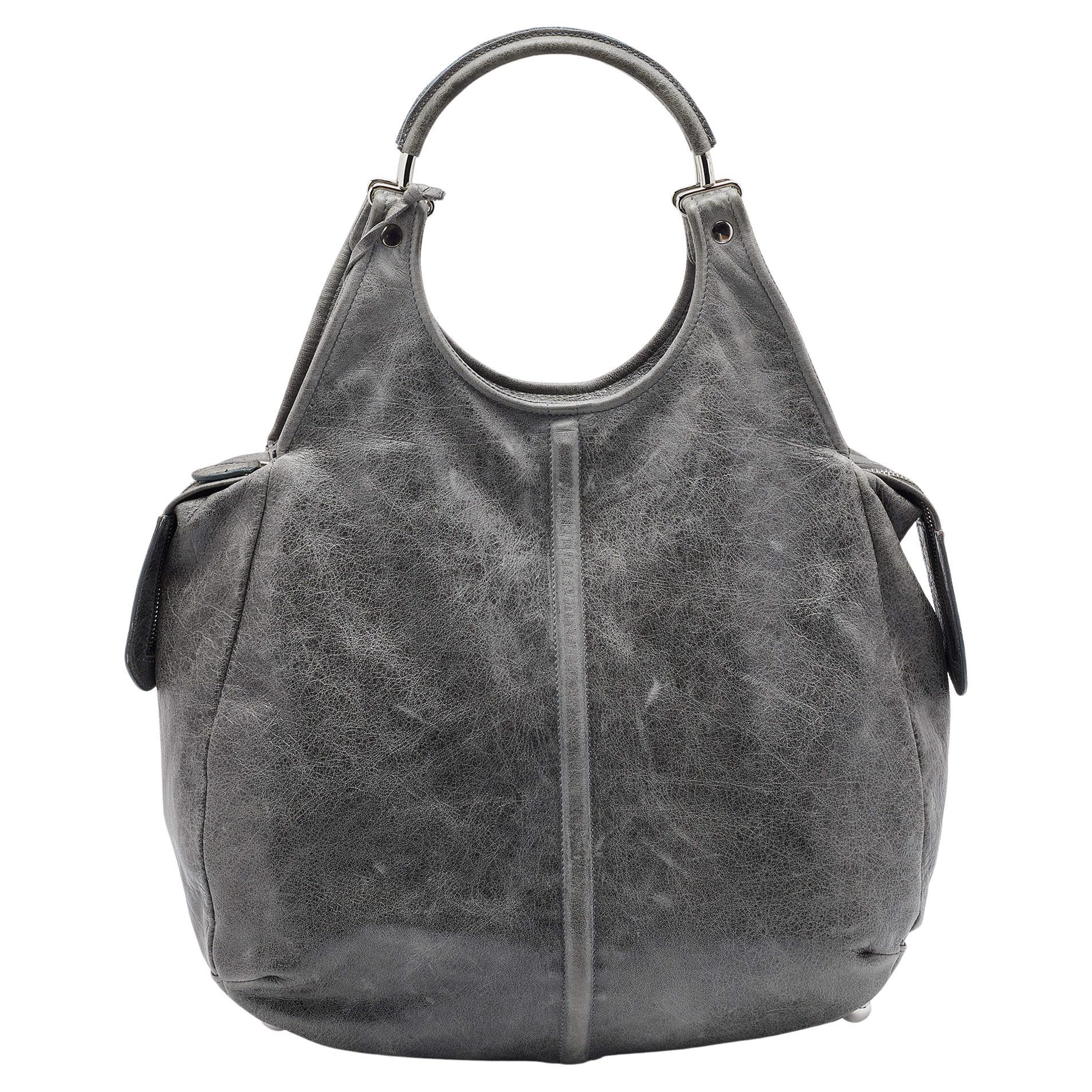 Balenciaga Grey Leather Pompon Shoulder Bag