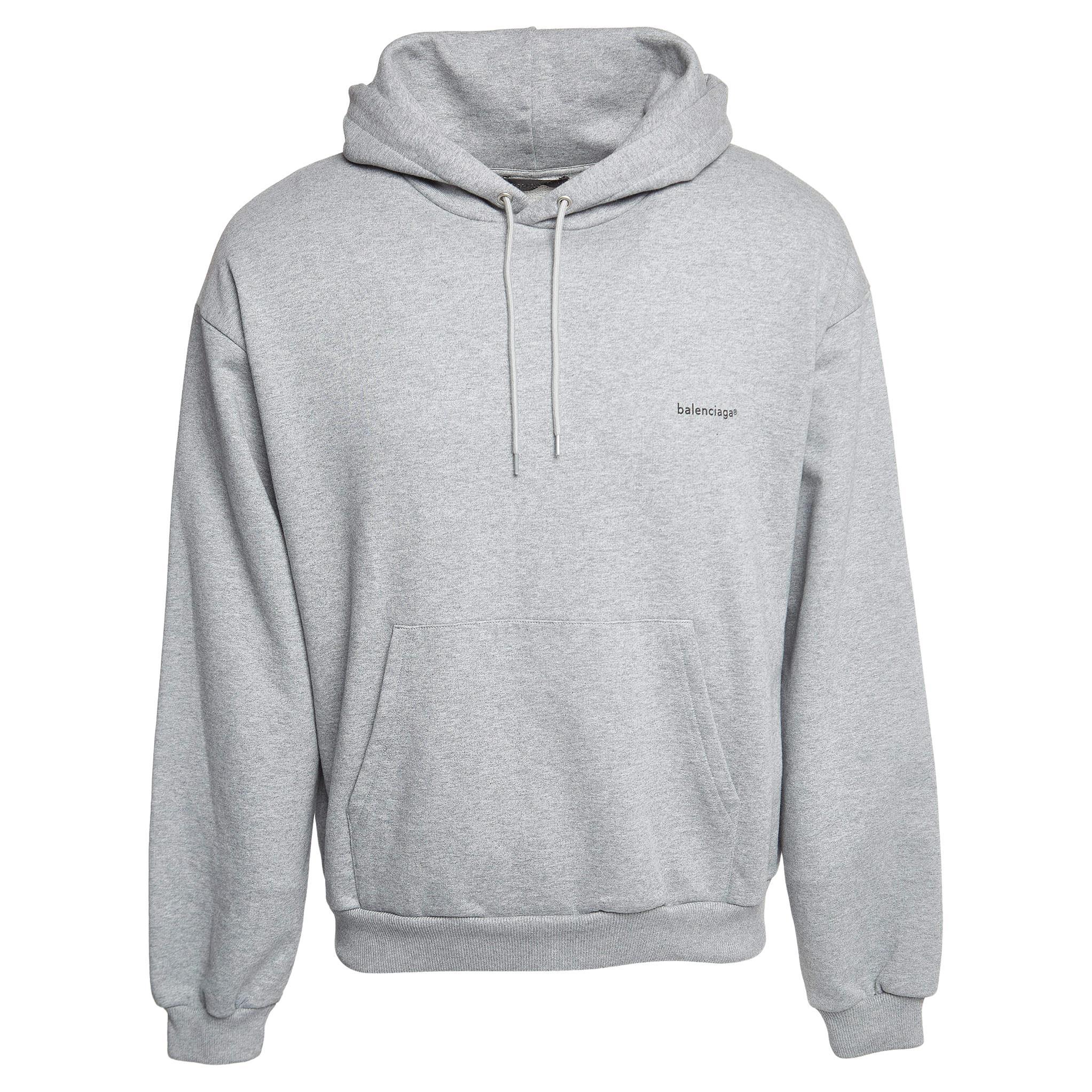 Balenciaga Grey Logo Print Cotton Hooded Sweatshirt L