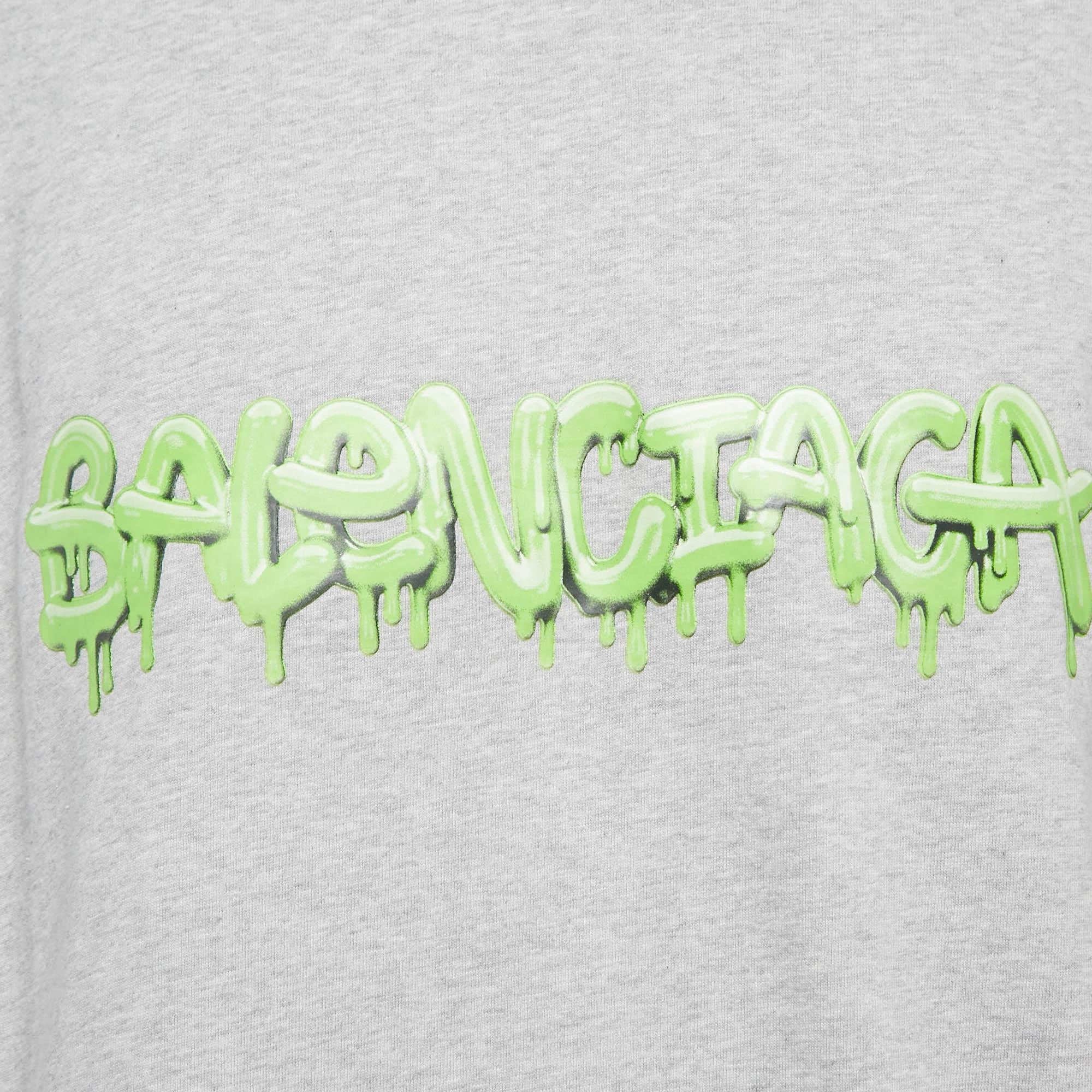 Gray Balenciaga Grey Logo Print Cotton Jersey Oversized T-Shirt L For Sale