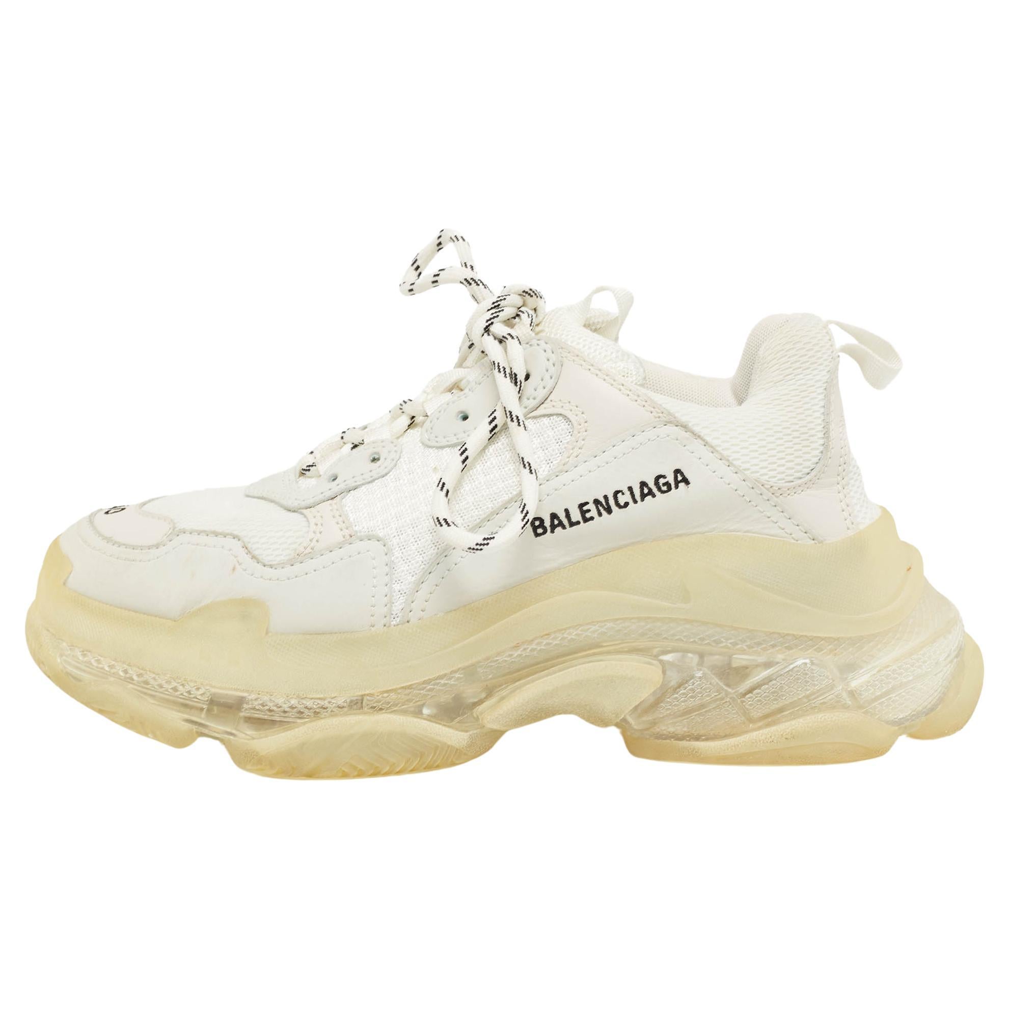 Balenciaga Grey Mesh and Faux Leather Triple S Sneakers Size 40 For Sale