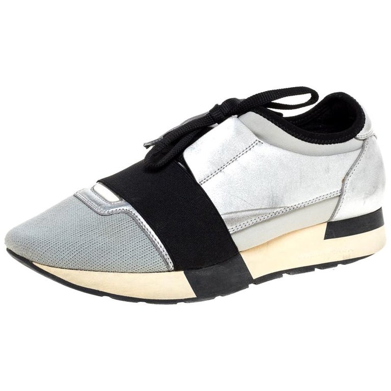 Balenciaga Grey/Silver Leather And Knit Fabric Race Runner Sneakers Size 38  For Sale at 1stDibs