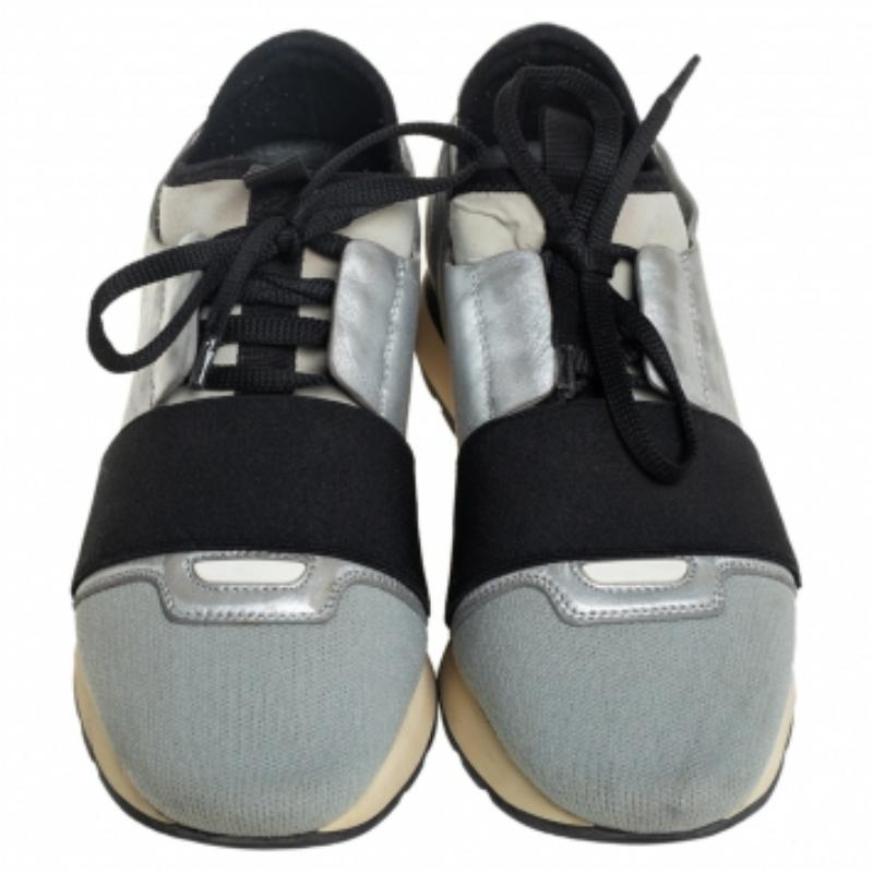 Balenciaga Grey/Silver Leather And Knit Fabric Race Runner Sneakers Size 38 In Good Condition For Sale In Dubai, Al Qouz 2