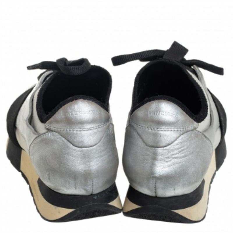 Women's Balenciaga Grey/Silver Leather And Knit Fabric Race Runner Sneakers Size 38 For Sale