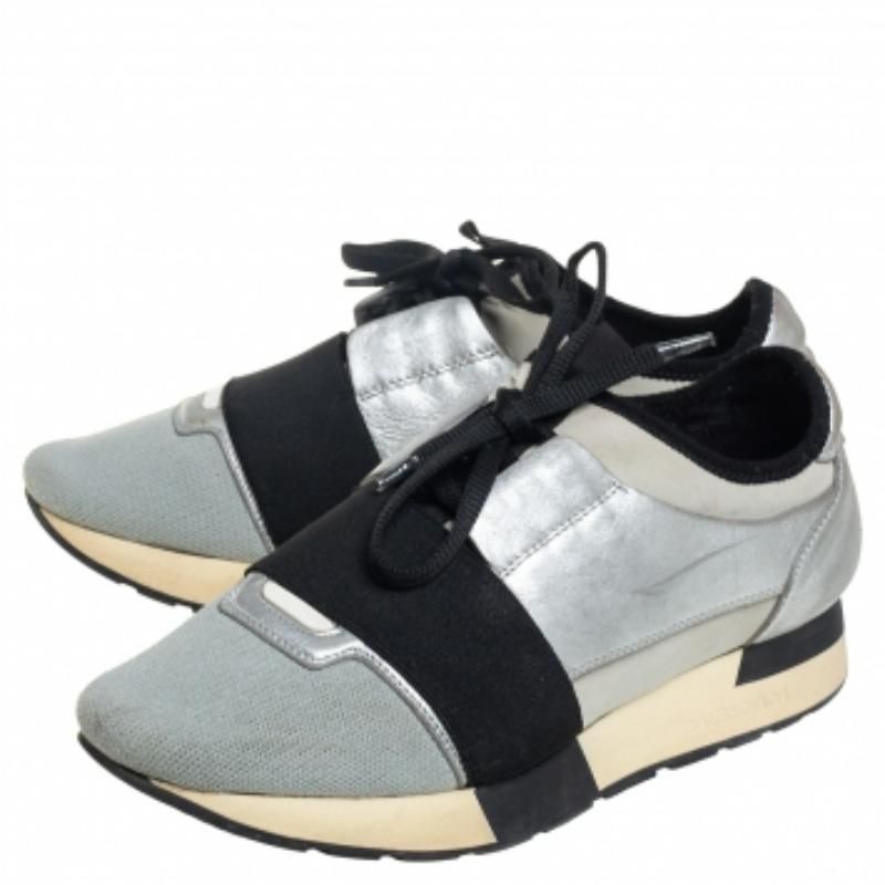 Balenciaga Grey/Silver Leather And Knit Fabric Race Runner Sneakers Size 38 For Sale 2