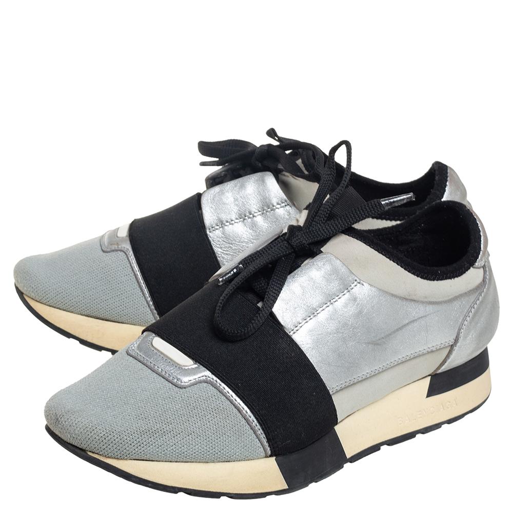 Balenciaga Grey/Silver Leather And Knit Fabric Race Runner Sneakers Size 38 In Good Condition For Sale In Dubai, Al Qouz 2
