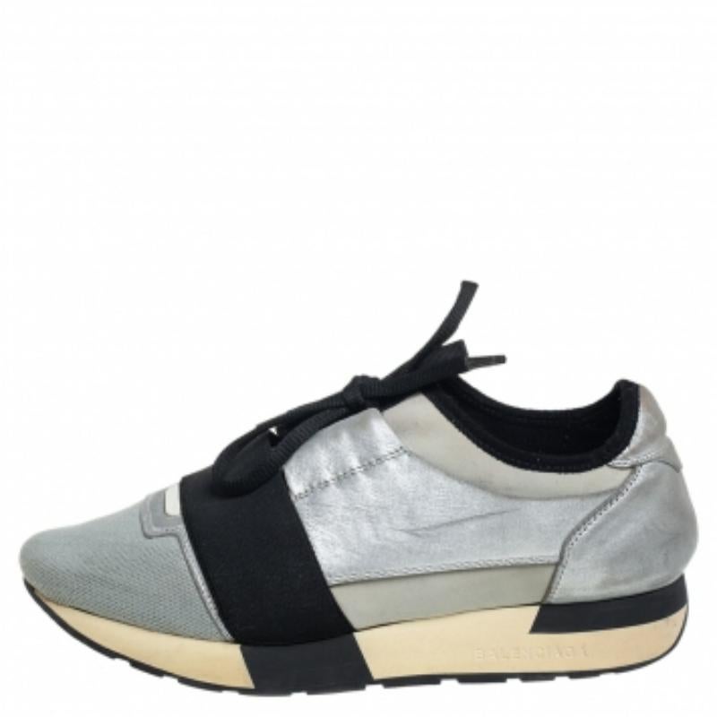 Balenciaga Grey/Silver Leather And Knit Fabric Race Runner Sneakers Size 38 For Sale
