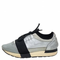 Balenciaga Grey/Silver Leather And Knit Fabric Race Runner Sneakers Size 38