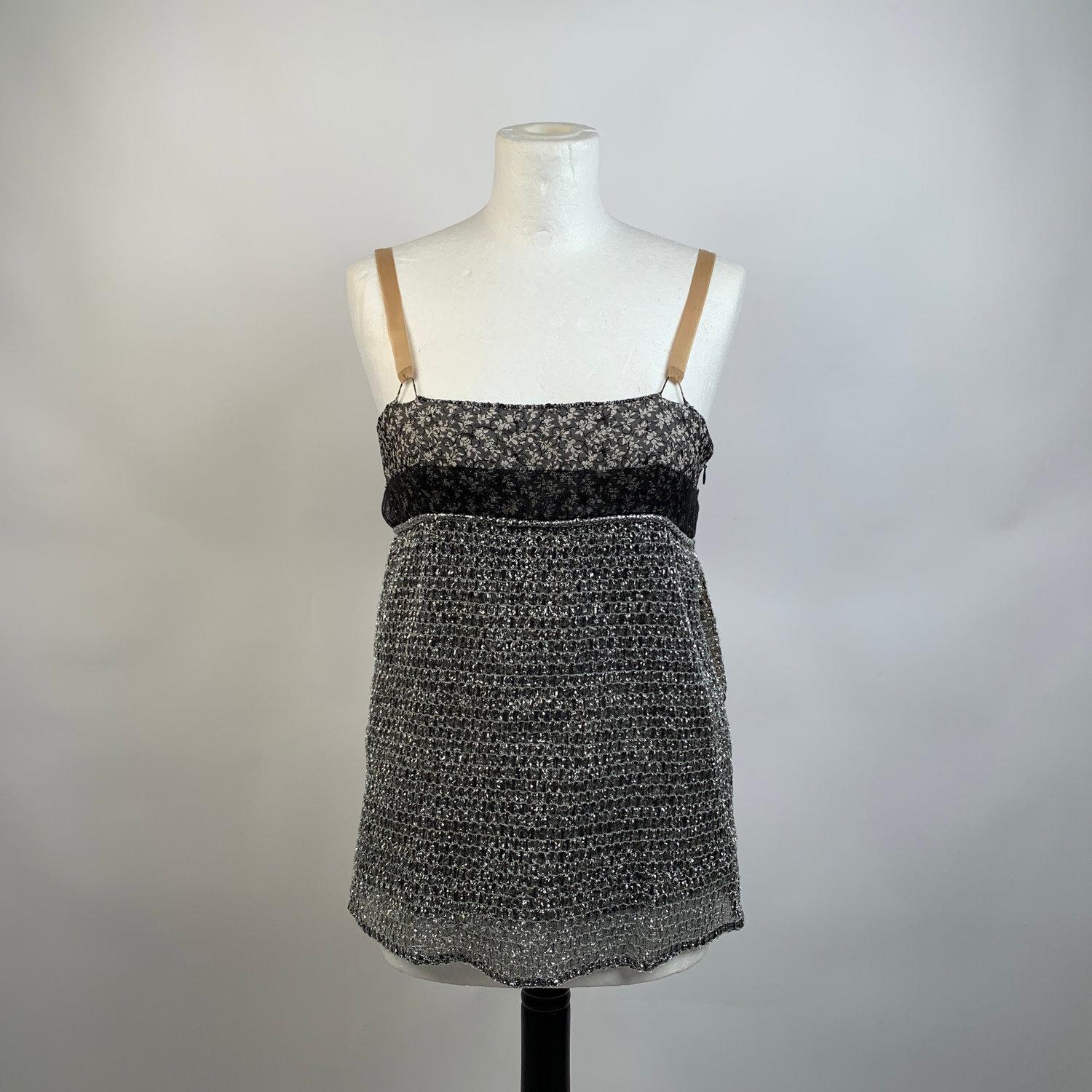 Black Balenciaga Grey Textured Mesh Cami Top with Floral Panel Size 38