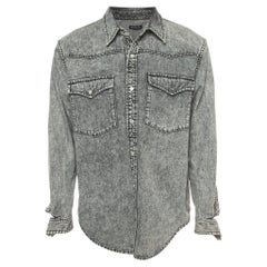 Balenciaga Grey Washed Denim Button Front Ripped Cuff Shirt L