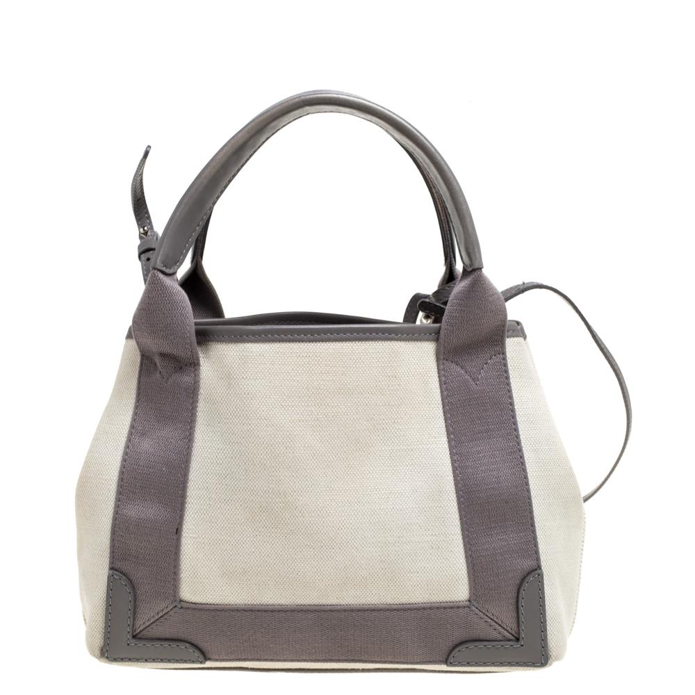 Gray Balenciaga Grey/White Canvas and Leather XS Cabas Tote