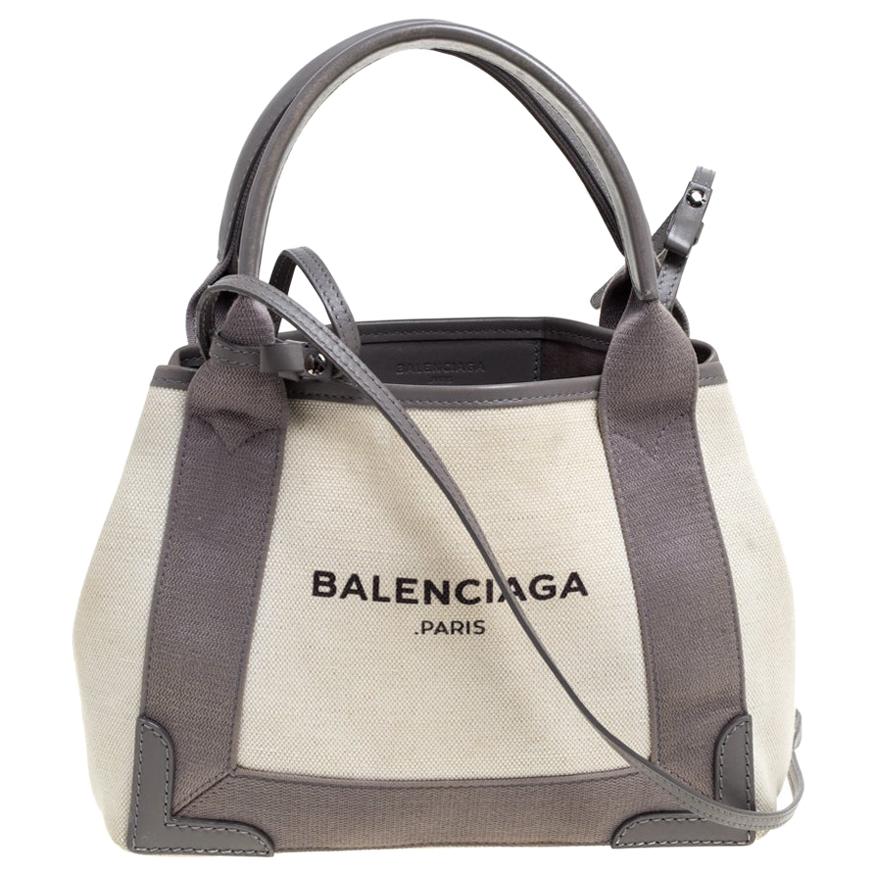 Balenciaga Grey/White Canvas and Leather XS Cabas Tote
