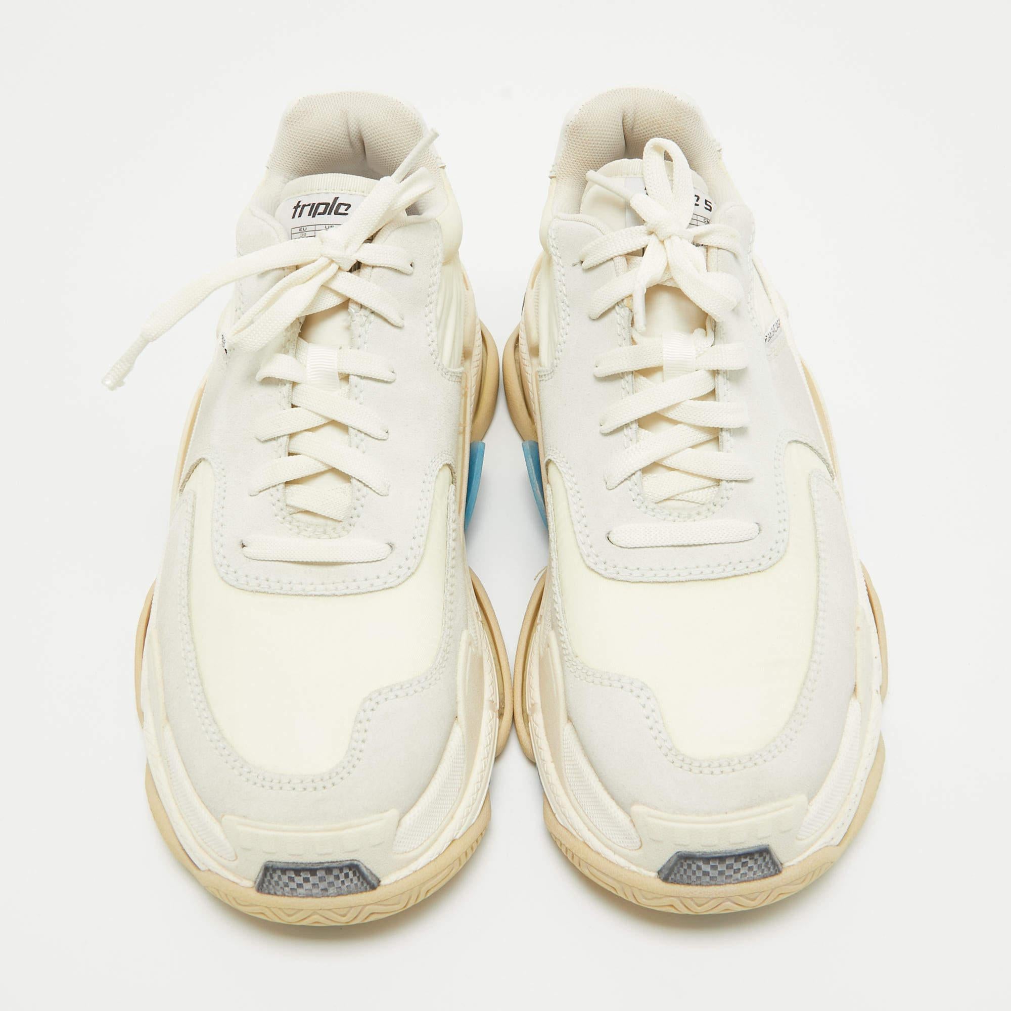 Beige Balenciaga Grey/White Leather and Nylon Triple S Lace Up Sneakers Size 39