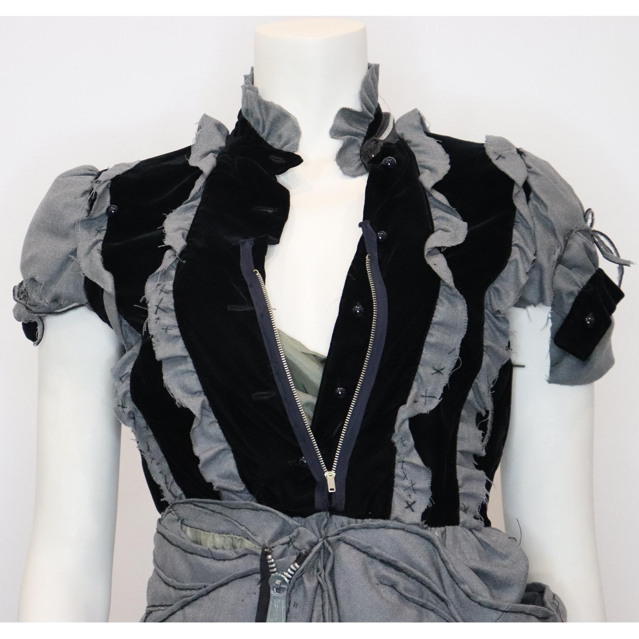 Balenciaga Grey Wool & Black Velvet Deconstructed Dress w/ Zippers Circa 1990s 2