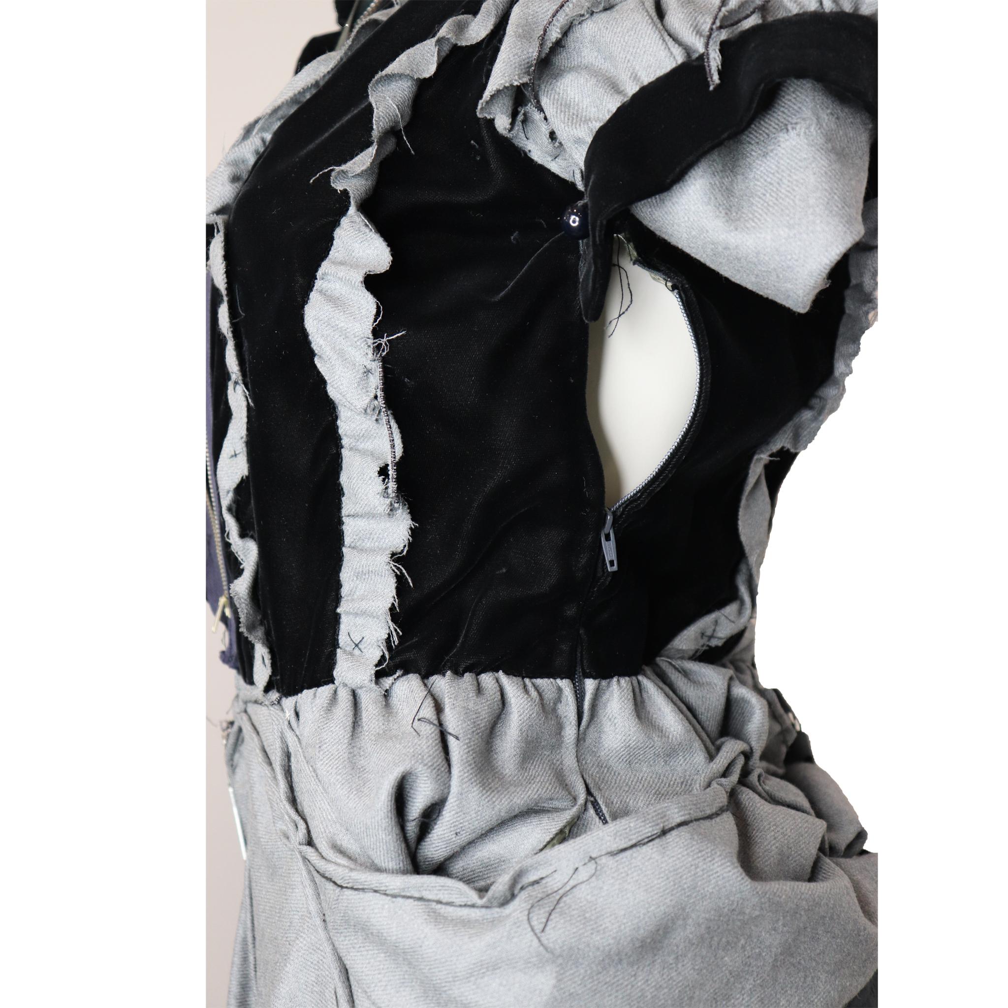 Balenciaga Grey Wool & Black Velvet Deconstructed Dress w/ Zippers Circa 1990s 5