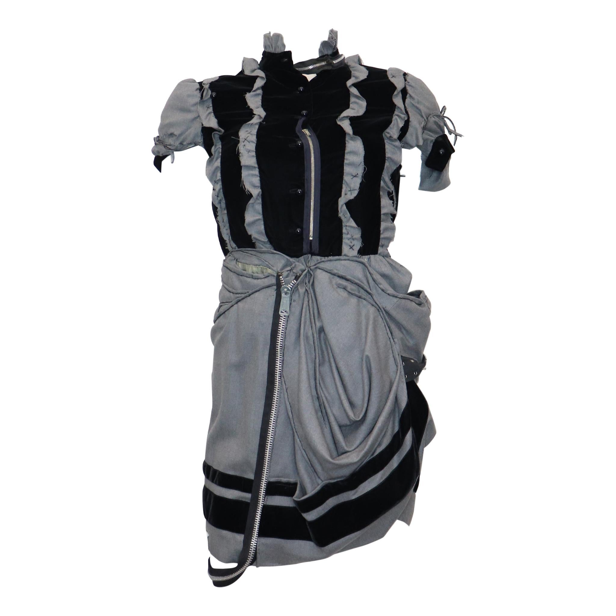 Balenciaga Grey Wool & Black Velvet Deconstructed Dress w/ Zippers Circa 1990s