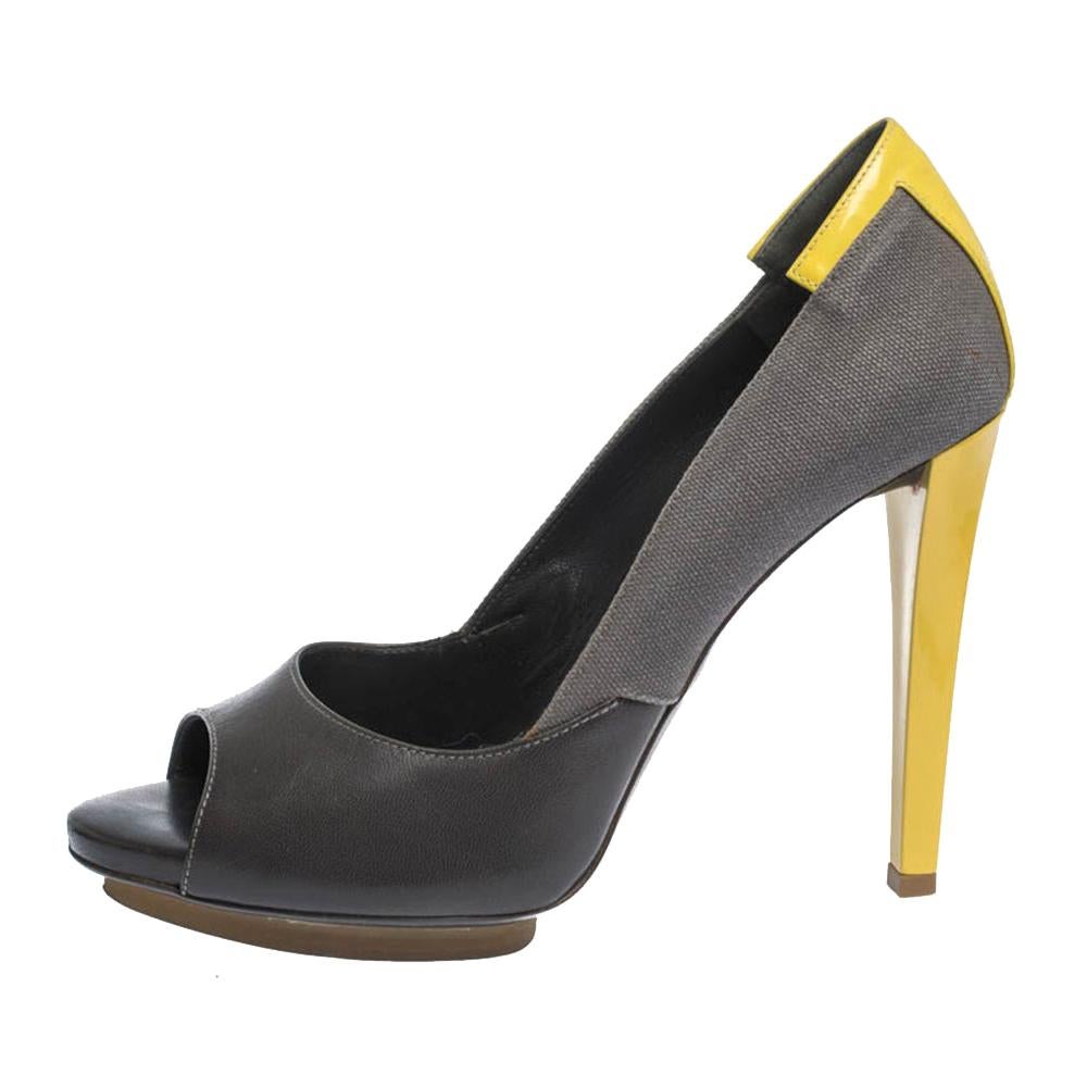 Balenciaga Grey/Yellow Canvas and Leather Peep Toe Pumps Size 38 at 1stDibs