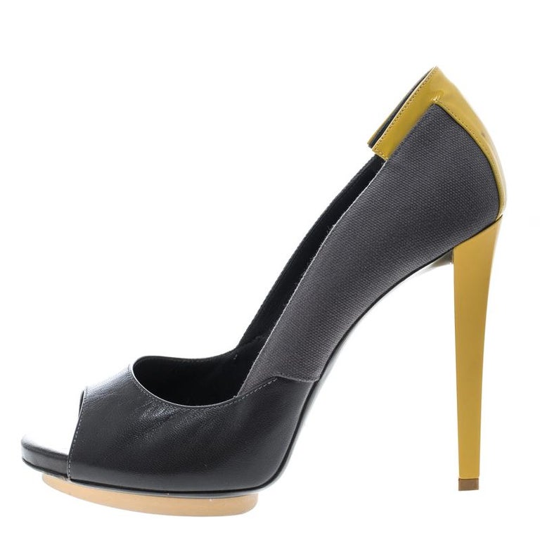 Balenciaga Grey/Yellow Canvas and Leather Peep Toe Pumps Size 38.5 For ...
