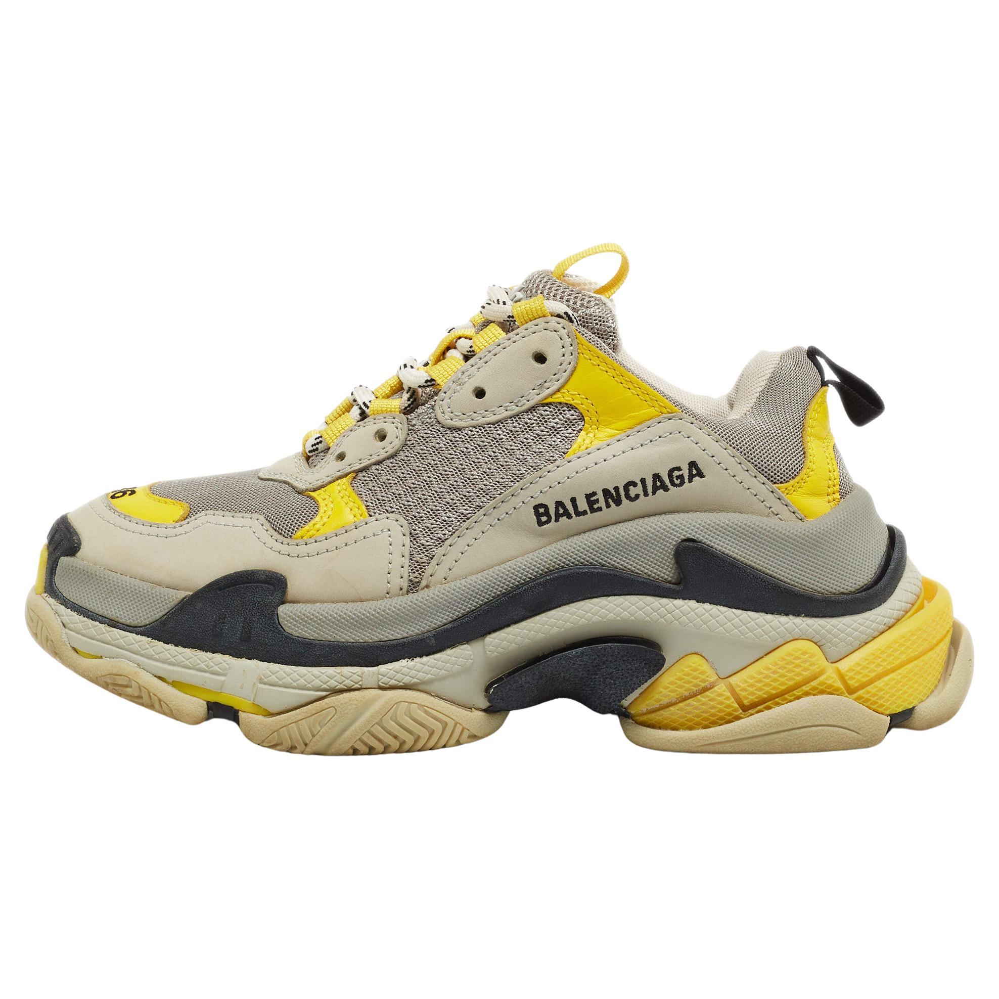 Balenciaga Grey/Yellow Leather and Mesh Triple S Sneakers For Sale at  1stDibs