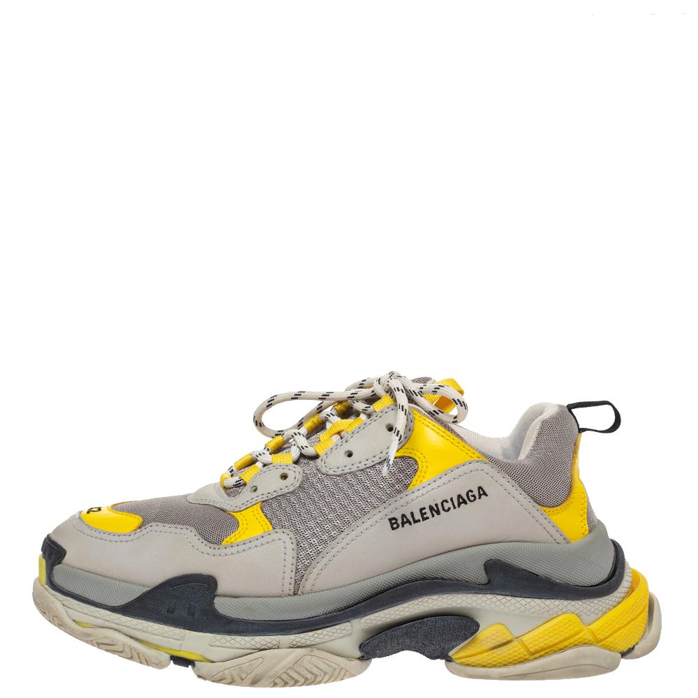 Men's Balenciaga Grey/Yellow Nubuck Leather And Mesh Triple S Trainer Sneakers Size 42