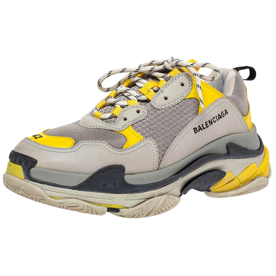 Balenciaga Grey/Yellow Nubuck Leather And Mesh Triple S Trainer Sneakers Size 42
