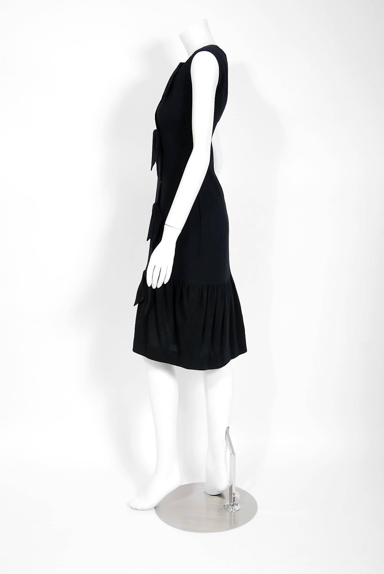 1957 Balenciaga Haute-Couture Black Wool Bow Trimmed Flounce Cocktail Dress In Excellent Condition In Beverly Hills, CA
