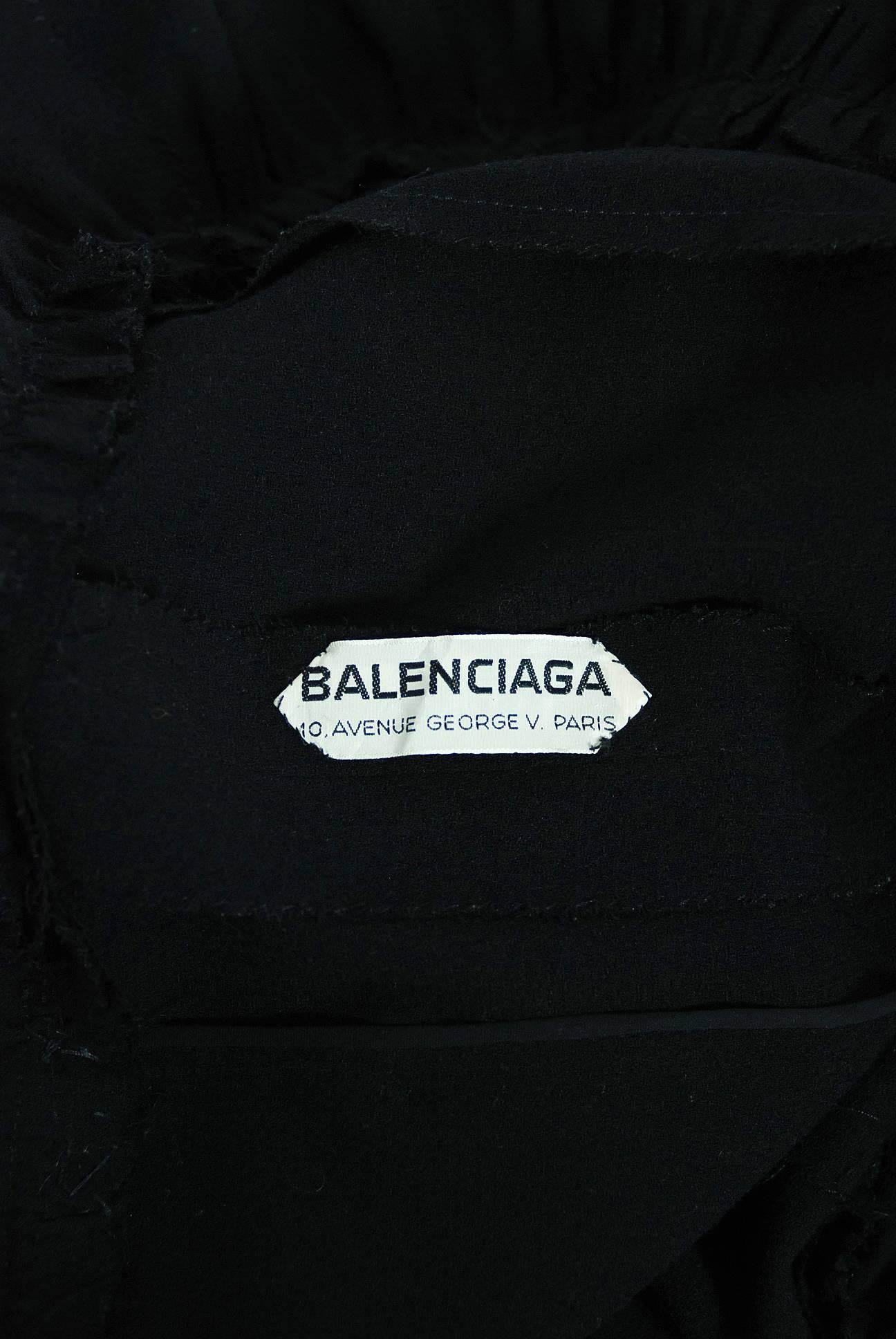 1957 Balenciaga Haute-Couture Black Wool Bow Trimmed Flounce Cocktail Dress 2