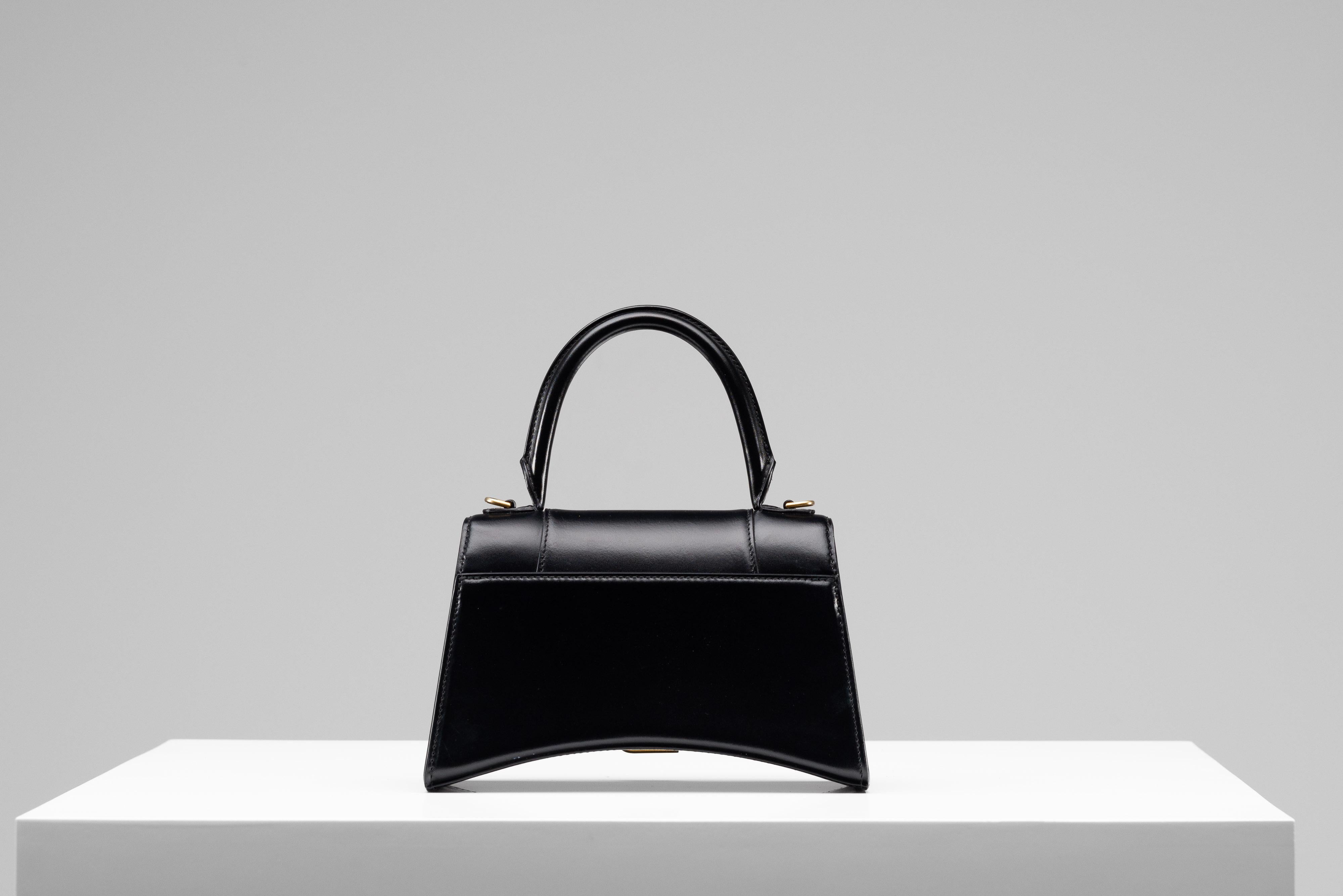 Balenciaga Sanduhr Tasche Schwarz Glänzende Box Kalbsleder Klein für Damen oder Herren im Angebot
