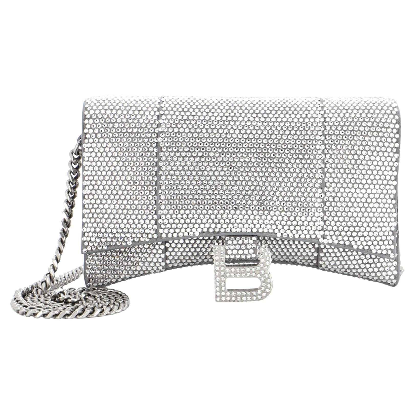 Balenciaga Hourglass Chain Wallet Suede with Crystals XS For Sale